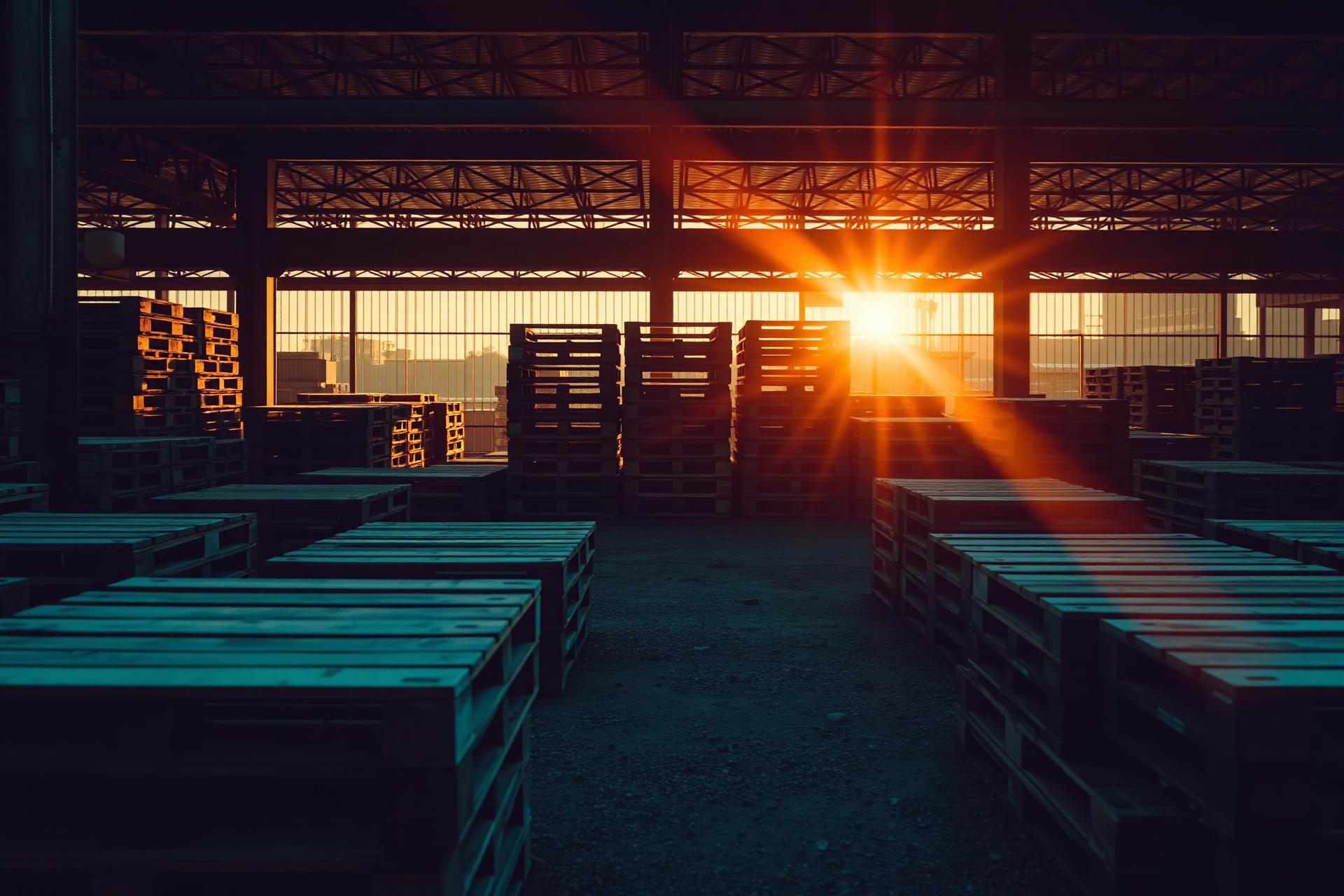 Stapels pallets in industriële loods bij zonsondergang