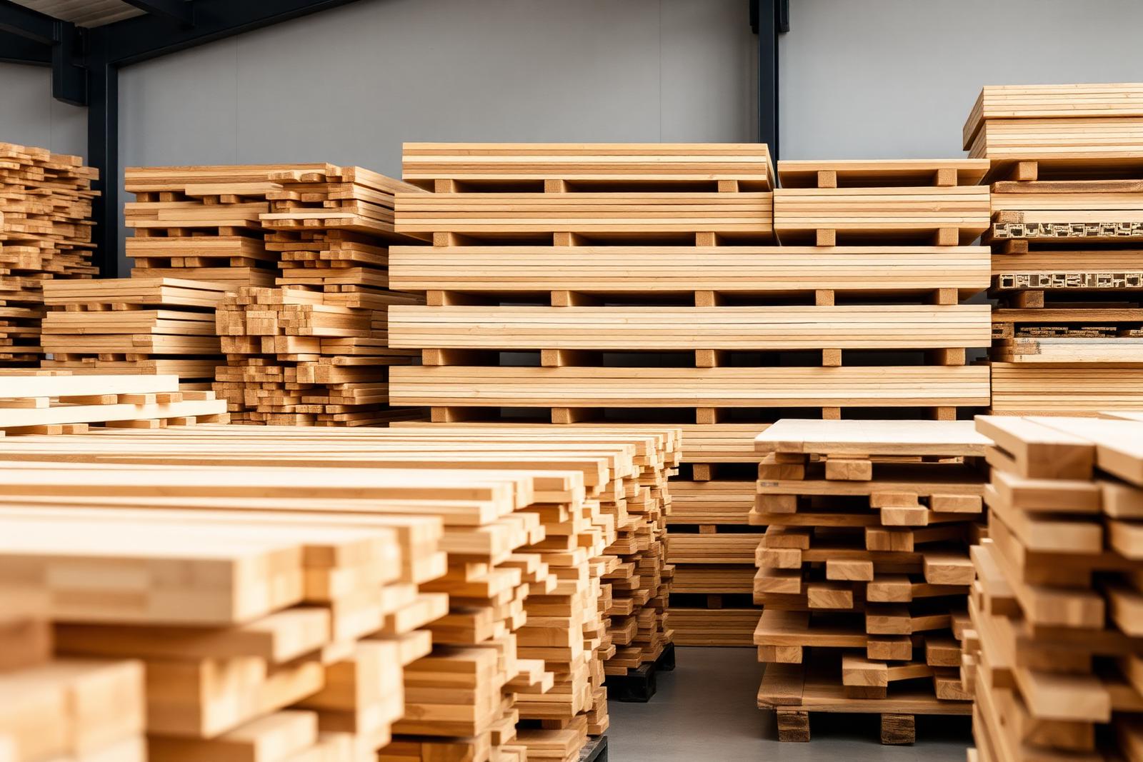 Stapels houten planken en balken in een industriële loods