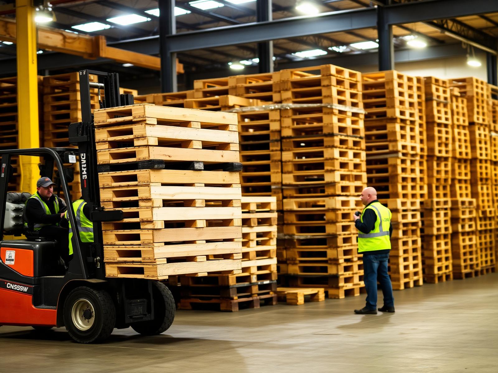 Heftruck stapelt pallets in loods JJS Handel Noord